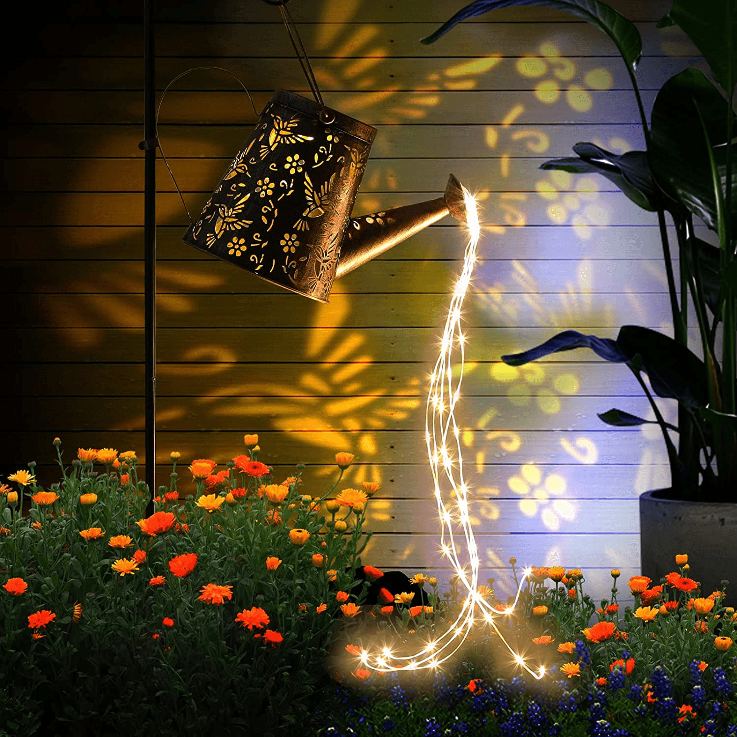 Solar Watering Can Outdoor Hummingbird Garden Decor, Warm Waterfall String Lights Solar Lanterns, Landscape Lights for Front Yard Lawn Patio Backyard Pathway Gardening Gift(with Shepherd Hook)