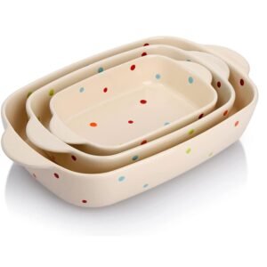 AVLA Porcelain Bakeware Set, Ceramic Baking Dish Pans with Handles for Baking, Rectangular Casserole Dish Set, Lasagna Pans for Cooking, Cake Dinner, Kitchen, 3-Piece ( Beige )