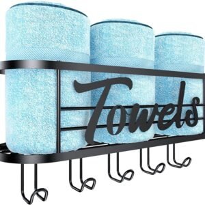Towel Rack Wall Mounted – Rolled Towel Holder with 5 Towel Hooks, Organizer Bath Sheet and Hanging Towel – DELITON Black Bathroom Decor Storage Series