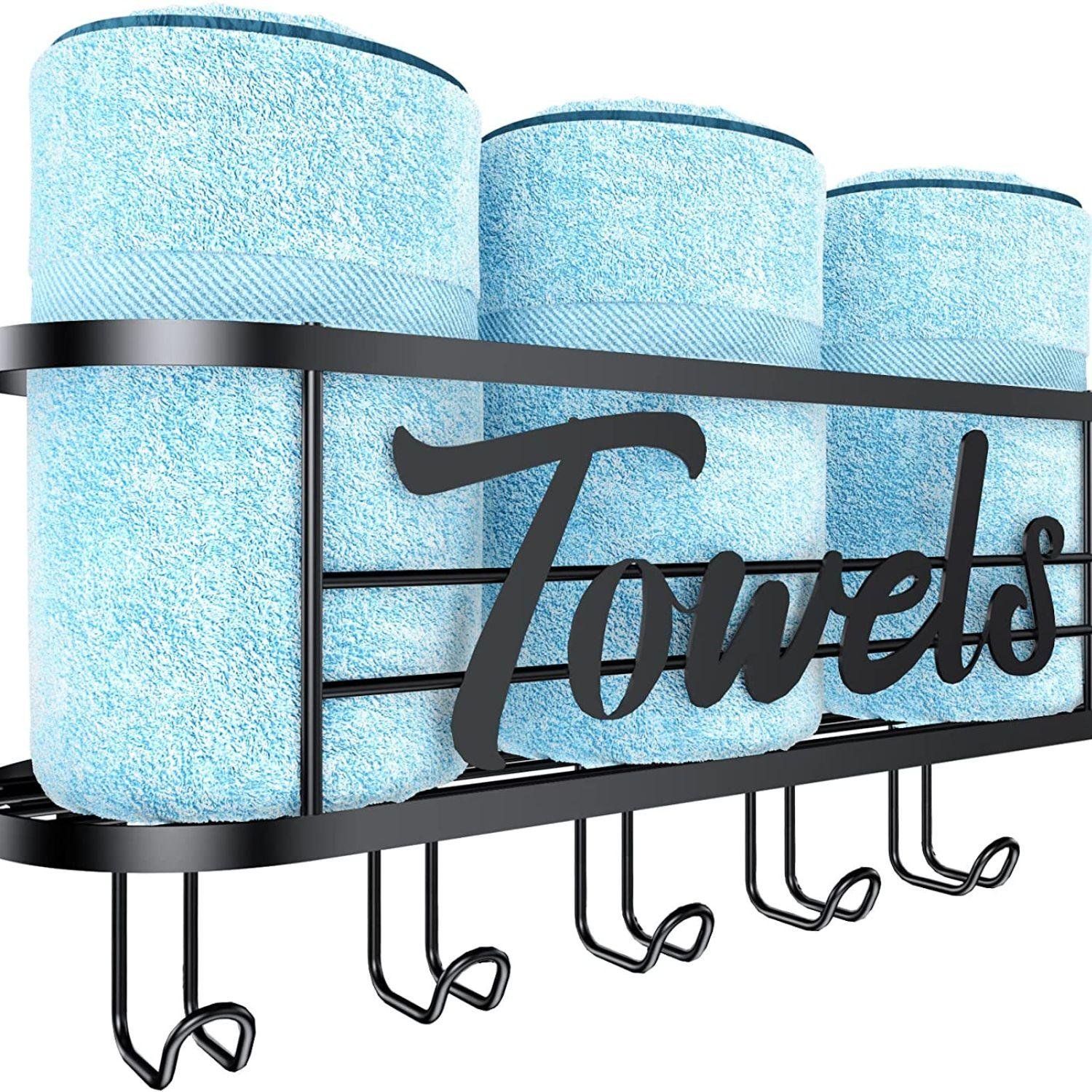 Towel Rack Wall Mounted – Rolled Towel Holder with 5 Towel Hooks, Organizer Bath Sheet and Hanging Towel – DELITON Black Bathroom Decor Storage Series